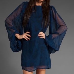 Winter Kate Blue/Black Print Chiffon Dixie 100% Vintage Silk Mini Dress